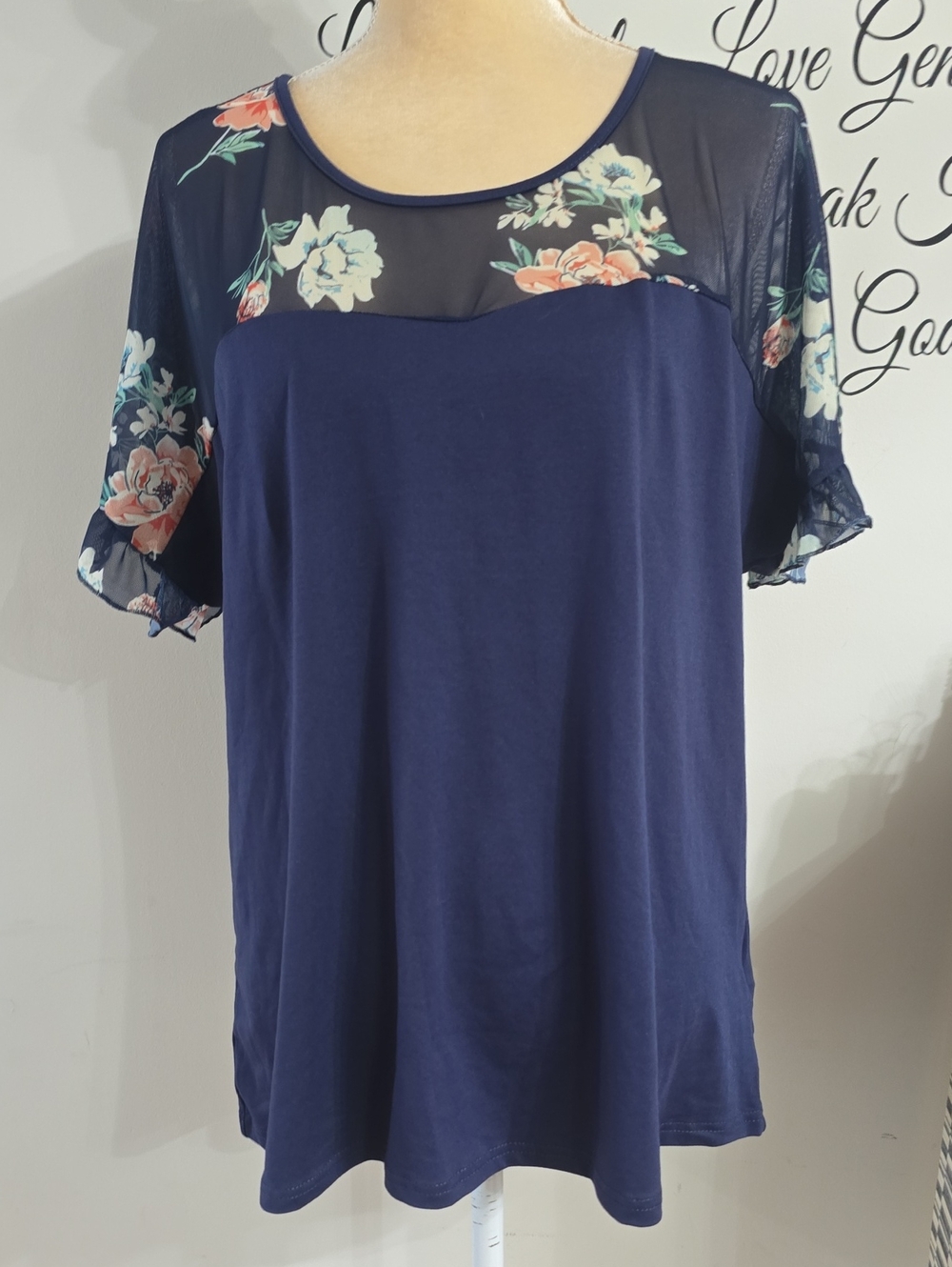 SHEIN Navy Floral Mesh Yoke Short Sleeve Top Sz 0X